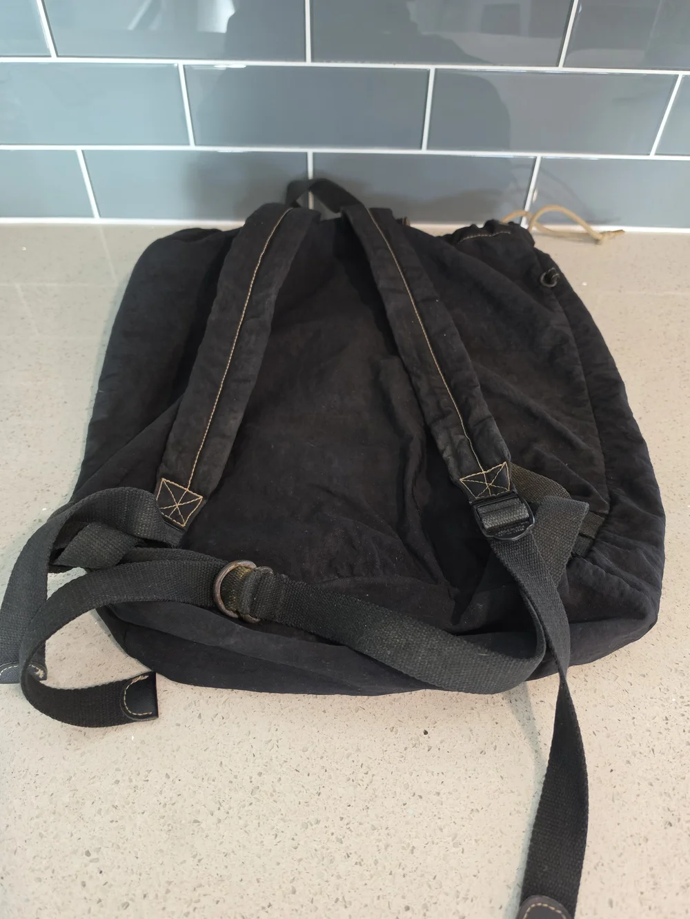 Vintage Kipling Black Canvas Drawstring Backpack with Gold Logo